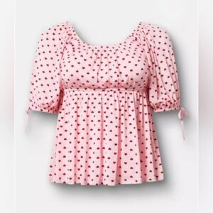 New Torrid 1X(14/16W) Flocked Mesh Babydoll Tie Sleeve Top- Pink&Red Hearts NWT